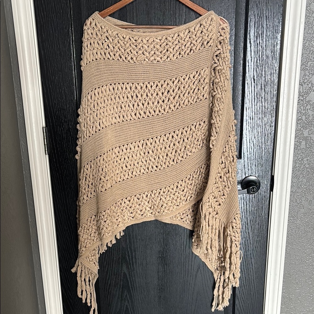 Tan Open Knit Shrug with Fringe